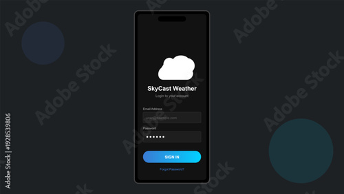 Smartphone screen displaying a weather application login interface with email and password fields on a dark background