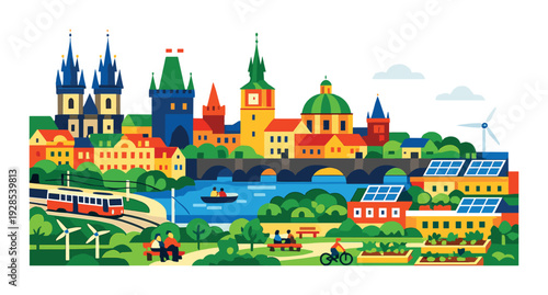 Historic town with people relaxing by river and bridge