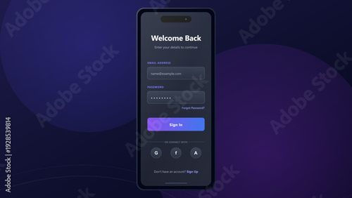 Modern dark mode mobile app login screen interface with sign in form and social media authentication buttons on smartphone display