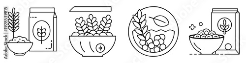 Collection of Cereal Bowls and Grain Illustrations in a Black and White Style