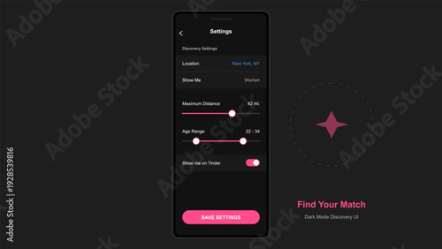 Mobile dating application discovery settings interface with dark mode theme and pink sliders for age and distance preferences
