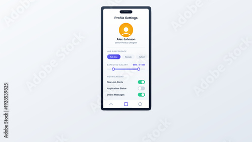 User interface design for a job recruitment mobile app showing profile settings with career preferences and notification management