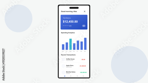 Mobile banking application interface showing account balance spending analytics and recent transactions on a modern smartphone screen