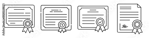 Line art representation of certifications and awards with ribbons and seals