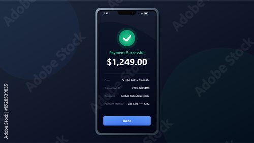 Smartphone screen displaying a successful mobile payment transaction with a green checkmark and dollar amount on a dark background