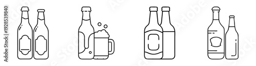 Set of schematic beer bottles and a mug with foam, outline style