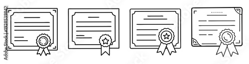 Four black and white certificate drawings with seals and ribbon decoration
