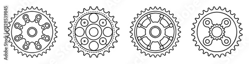 Four black and white technical drawings of different gears and sprockets