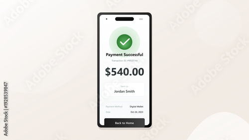 Smartphone screen showing successful mobile payment transaction with green checkmark and digital wallet details on white background