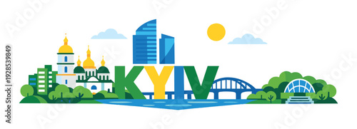 Kyiv letters with skyline and riverfront park setting