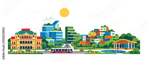 Modern riverside city with tram and green buildings