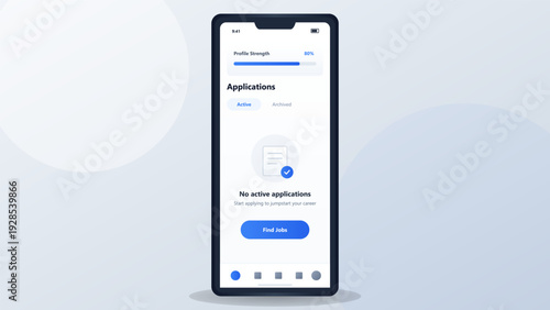 Job search mobile application user interface with profile strength and empty applications state on smartphone screen