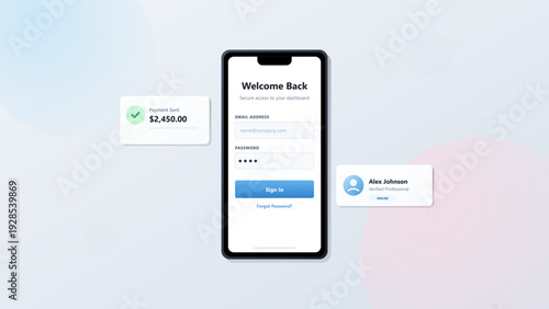 Mobile application login screen interface with payment confirmation and user profile dashboard elements on a light background
