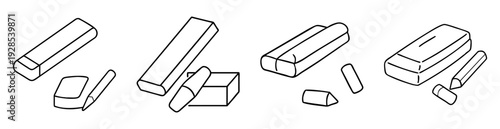 Black and white line drawing of several stick of charcoal and erasers
