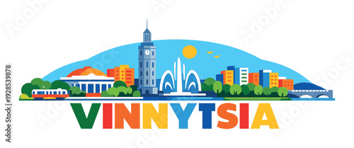 Vinnytsia letters integrated with city skyline and central fountain