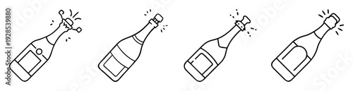 Four Bottles of Sparkling Wine or Champagne, Illustrative Style Outlined in Black