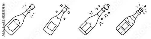 Celebratory monochrome illustration featuring stylized champagne bottles popping open and sparkling