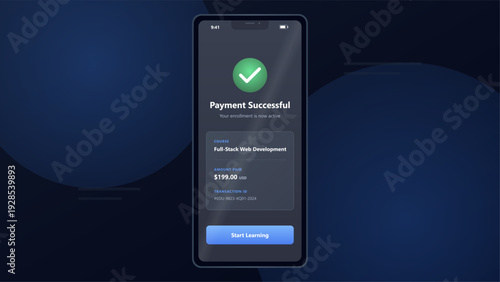 Mobile phone screen showing successful payment confirmation for an online web development course enrollment with a green checkmark icon