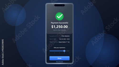 Mobile phone screen displaying a successful digital payment transaction receipt with a green checkmark on a dark background