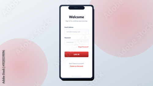 Smartphone login page user interface with welcome message and red sign in button on white background