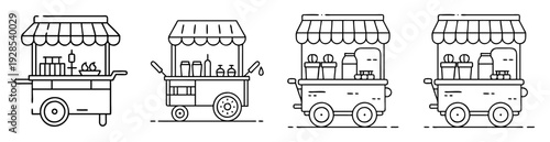 Set of vector street food carts with striped awnings in outline style