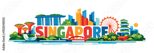 Singapore letters with marina bay skyline waterfront and ferris wheel