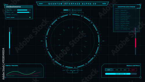 Futuristic heads up display user interface with circular scanner system diagnostics and data stream panels on dark grid background