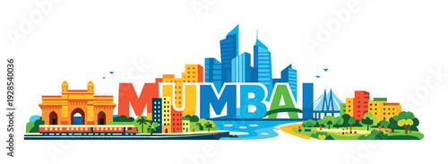 Mumbai skyline with bold letters and waterfront city elements