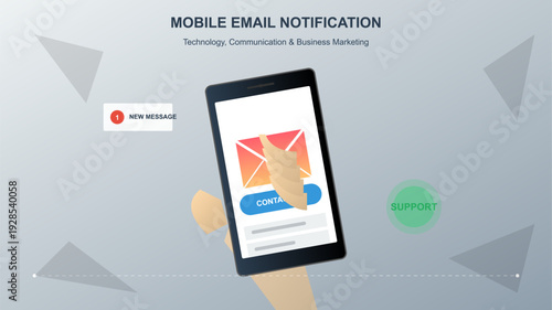 Hand holding smartphone with email notification icon and new message alert for business communication and marketing technology
