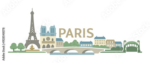 Paris skyline with large letters and bridge over river setting