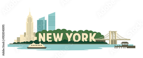 New york skyline featuring bold city name on waterfront