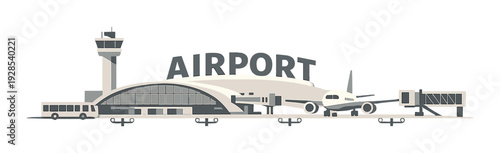 Airport terminal with parked airliner and boarding bridge