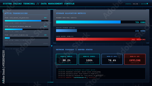 Futuristic digital dashboard interface with data management console showing system upload status storage metrics and network topology