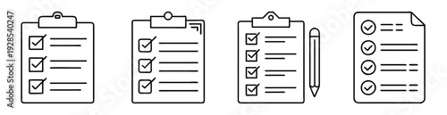 Various representations of checklists on clipboards, including one with a pencil