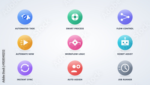 Automation and workflow management icons featuring smart process flow control robot assist instant sync and automated task symbols