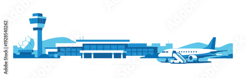 Airport terminal with parked airliner and control tower on runway