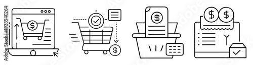 Black and white digital illustration outlining the stages of online payment