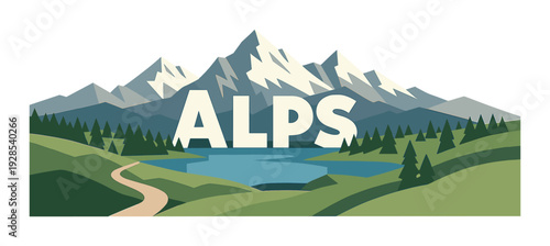 Alps mountains with lake forest and winding path in alpine landscape