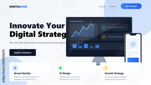 Modern landing page design for digital marketing agency with computer monitor showing data analytics and mobile phone interface