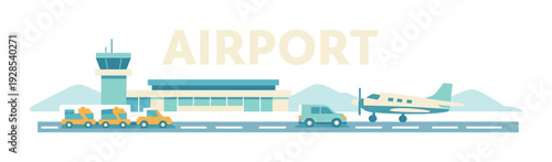 Small airport with propeller plane and service vehicles on runway