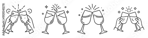 Monochrome outline illustration of two hands toasting glasses to celebrate an event