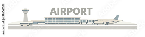 Airport terminal with airplane at gate and control tower