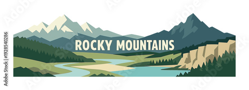 Rocky mountains valley with river forested hills and cliffs