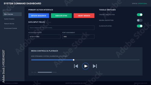 Modern dark mode system command dashboard user interface with control panels and data input fields for network security management