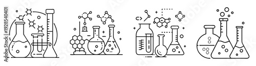 Illustrative science and chemistry laboratory equipment with chemical structures in black and white