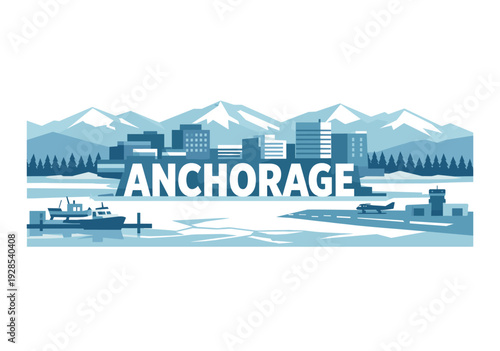 Anchorage skyline with harbor boats and mountain backdrop