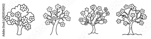 Four simplistic cartoon trees with various flowering blossom arrangements outline style