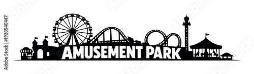 Amusement park lettering over dark silhouette of rides and attractions