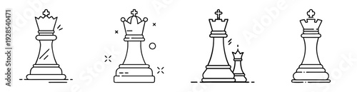 Black and white drawings of four chess kings, minimalist artwork style