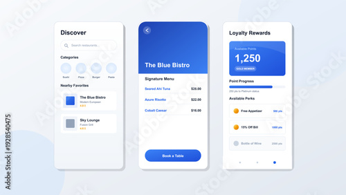 Mobile application user interface design for restaurant discovery menu booking and loyalty rewards program with blue theme